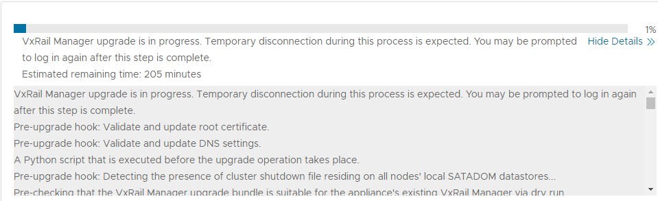 Upgrade screenshot is stuck at "Temporary disconnection during this process is expected. You may be prompted to log in again after this step is complete."