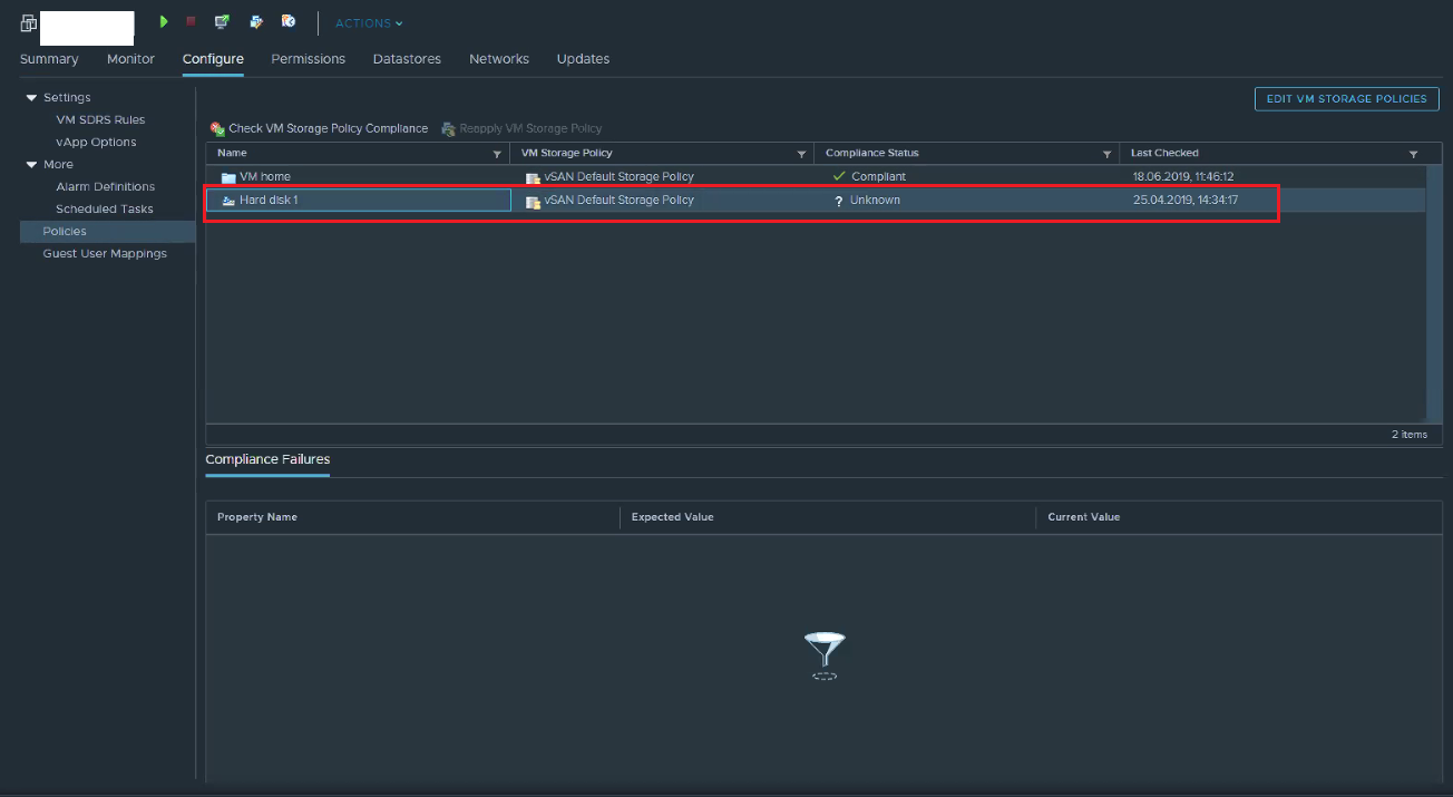 Screenshot mit unbekanntem Status für Storage-Compliance