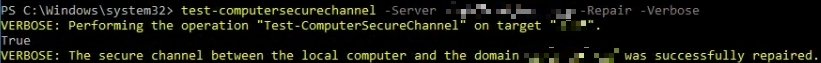 Output of the Test-ComputerSecureChannel command showing successful repair of the secure channel