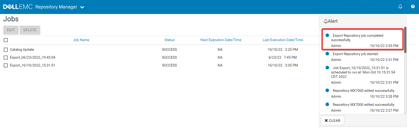 Dell Repository Managerでのジョブの表示