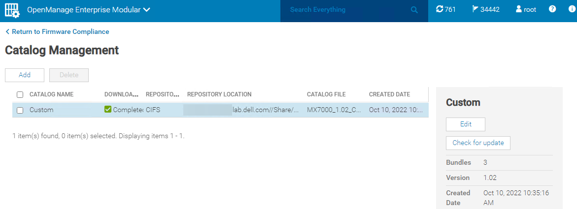 Zobrazení stránky Catalog Management v nástroji OME-M