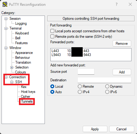 Snímek obrazovky PUTTY s konfigurací tunelu 