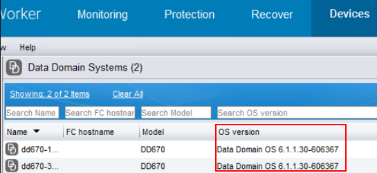 Karta NetWorker Management Console (NMC) Devices-Data> Domains przedstawiająca wersję systemu operacyjnego DD. image.png