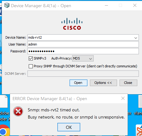 Screenshot der Fehlermeldung: Ausgelastetes Netzwerk, keine Route oder snmpd reagiert nicht