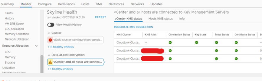 vCenter 및 모든 호스트가 키 관리 서버에 연결되어 있음
