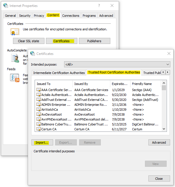 trusted root certificate authorities