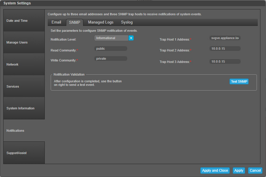 Ustawienia pułapek SNMP ME4
