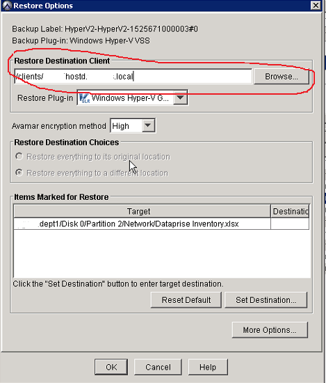Restore 화면에서 Browse 옵션 대신 대상 시스템을 선택합니다