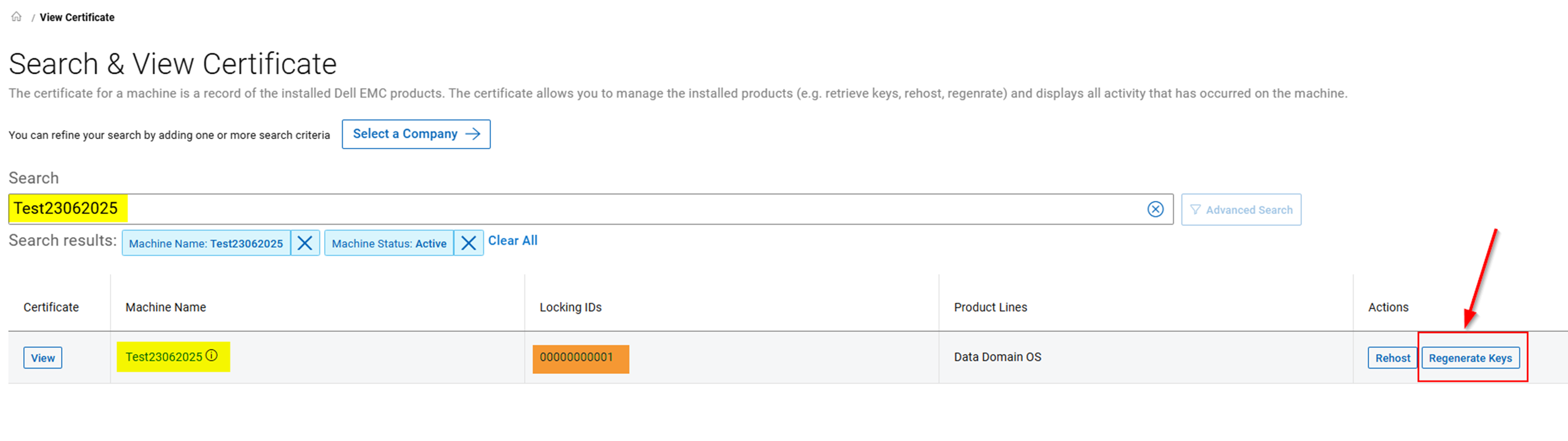Search and view certificate with regen option 