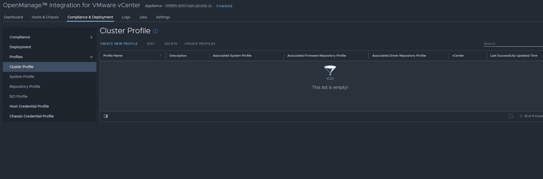 Screenshot des Pfads zum Erstellen eines Clusterprofils in OMIVV