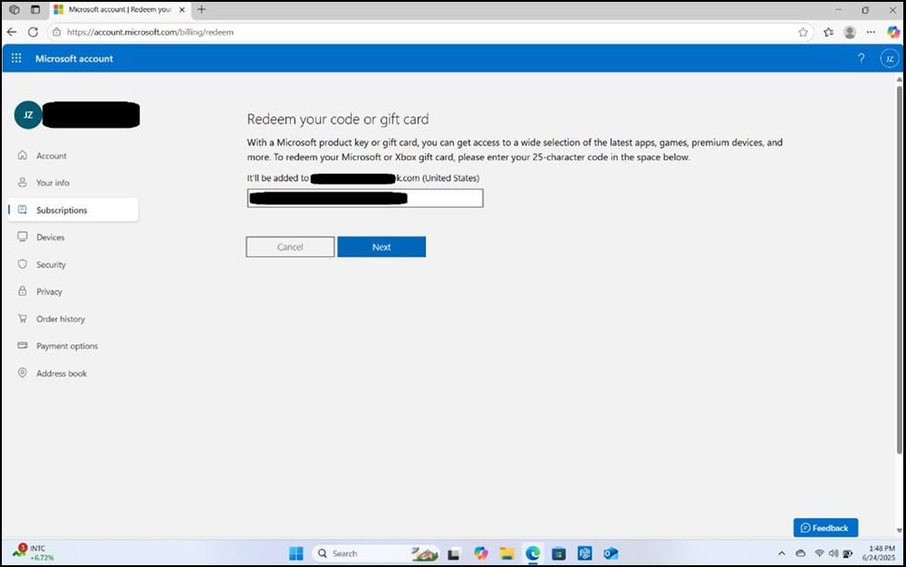 Konto Microsoft, realizacja kodu lub karty upominkowej, przykład wprowadzenia klucza