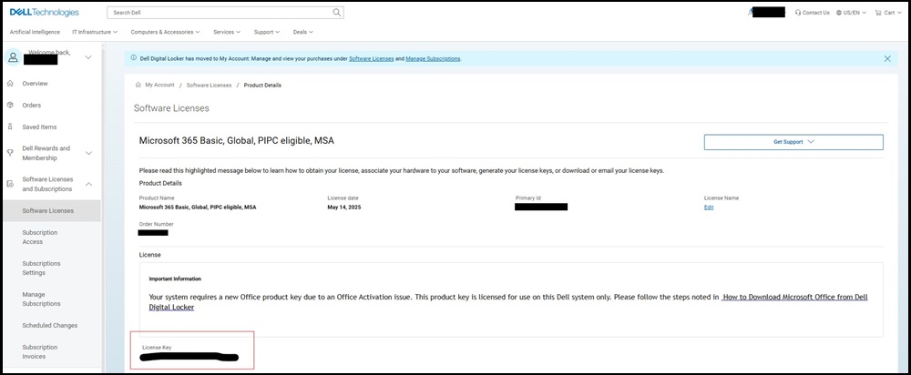 Лицензии на программное обеспечение портала My Account, лицензионный ключ