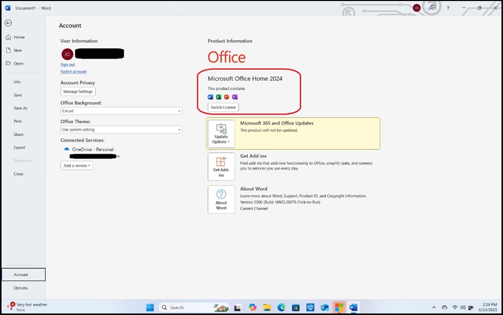 Microsoft Word, nabídka účtu