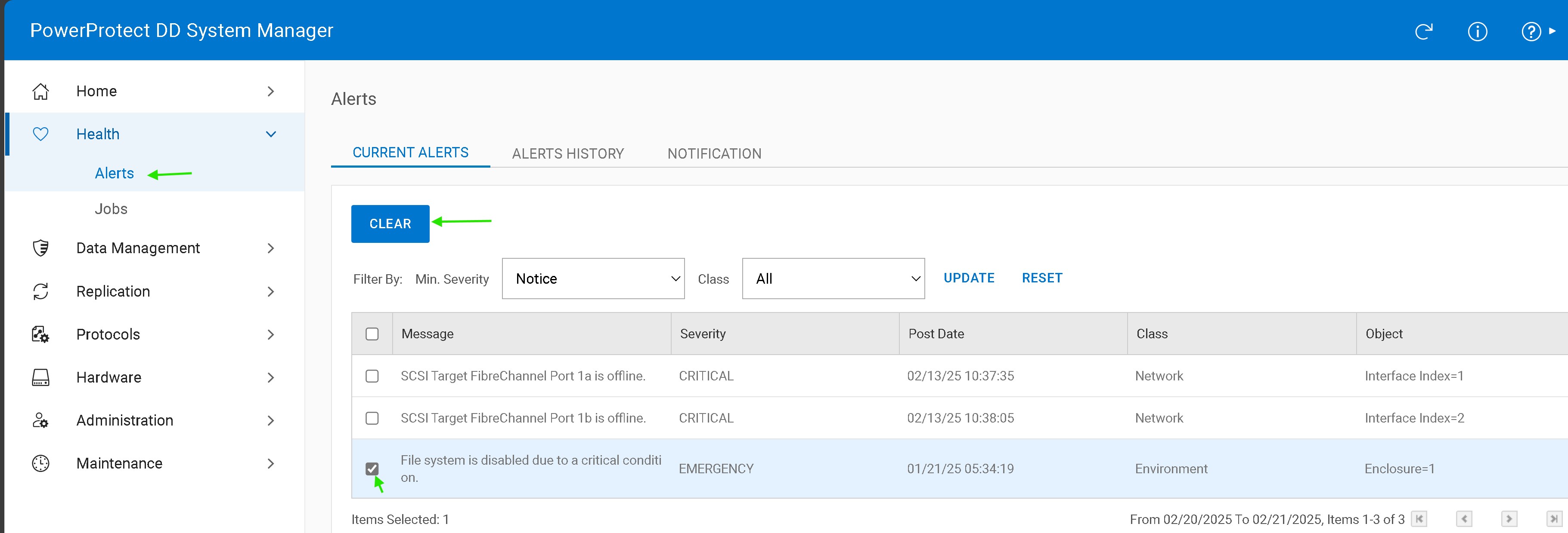 Borrar alerta del sistema de archivos
