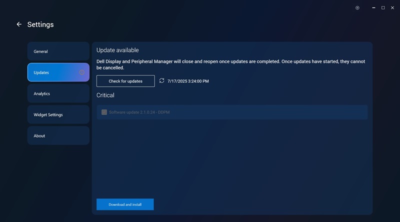 Dell Display and Peripheral Manager, Impostazioni, Sezione Aggiornamento