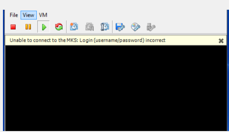 Zrzut ekranu przedstawiający błąd MKS podczas uruchamiania konsoli maszyny wirtualnej