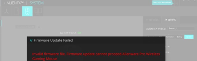 Сбой обновления микропрограммы беспроводной игровой мыши Alienware Pro в Alienware Command Center 6.5.