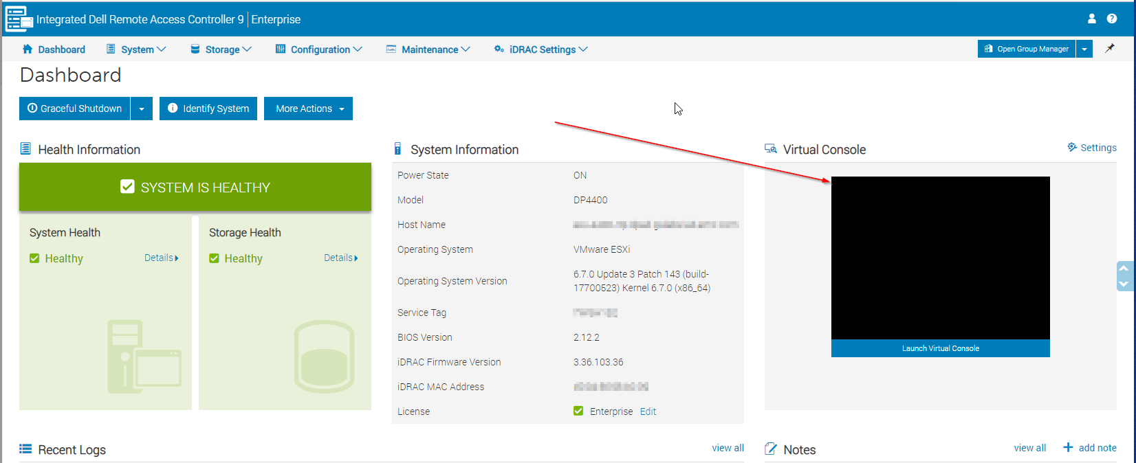Capture d’écran de la console virtuelle à partir de l’iDRAC