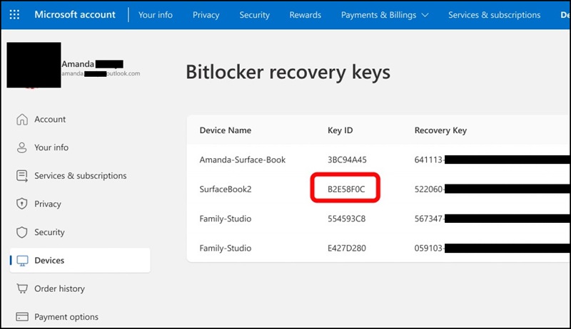 Microsoft-konto, BitLocker-gjenopprettingsnøkler