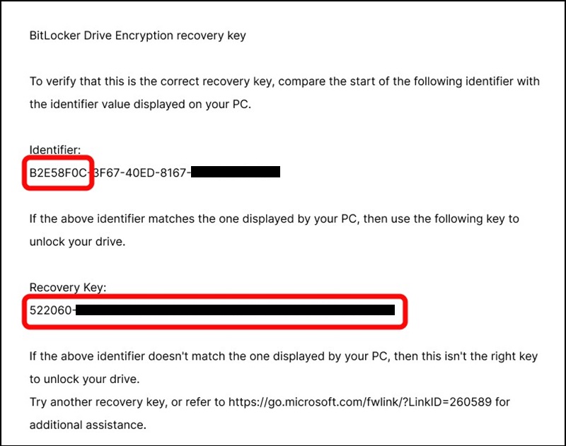 Příklad výtisku obnovovacího klíče nástroje BitLocker Drive Encryption