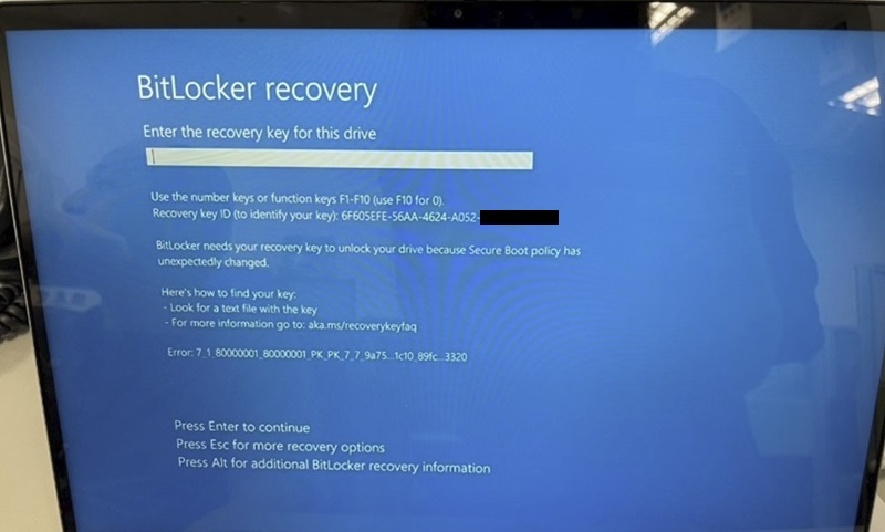 Windows BitLocker 復原畫面