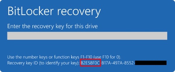 Windows BitLocker Recovery, ange enhetens återställningsnyckel, de första åtta siffrorna markerade