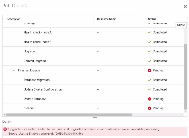 Falha ao executar comandos de pós-upgrade Support Assist Issue.PNG