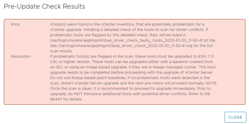 Screenshot showing the upgrade error