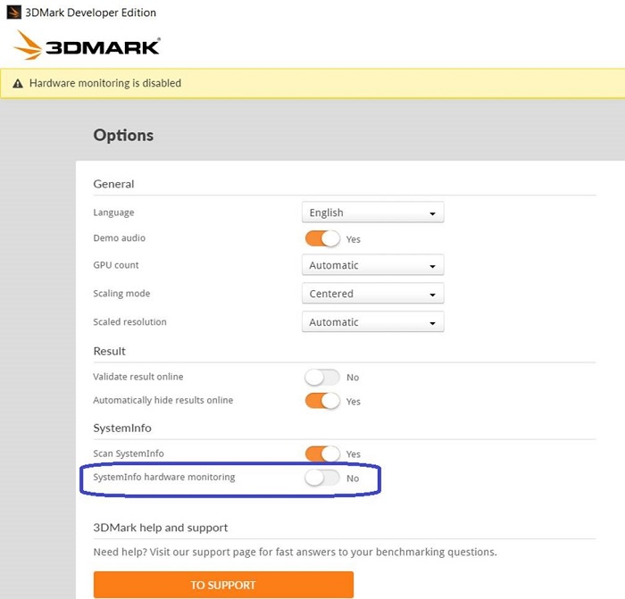 3DMark 開發者版選項功能表