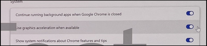 Paramètres système du navigateur Google Chrome, utiliser l’accélération graphique si disponible