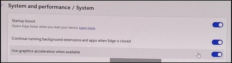 Microsoft Edgeシステムとパフォーマンス、システム設定、使用可能な場合はグラフィックスアクセラレーションを使用する