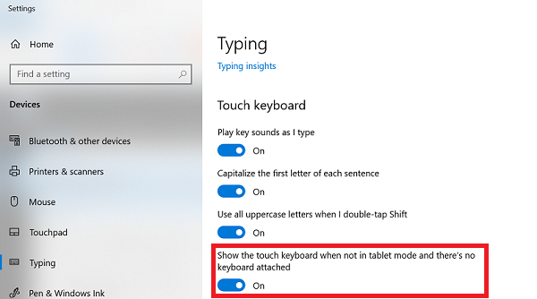 Abilitare Show the touch keyboard when not in tablet mode and there is no keyboard that is attached