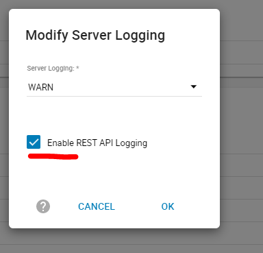 Schermata Modify Server Logging