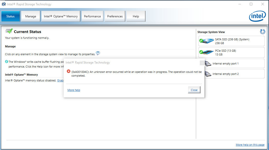 Intel Rapid Storage Technology Error