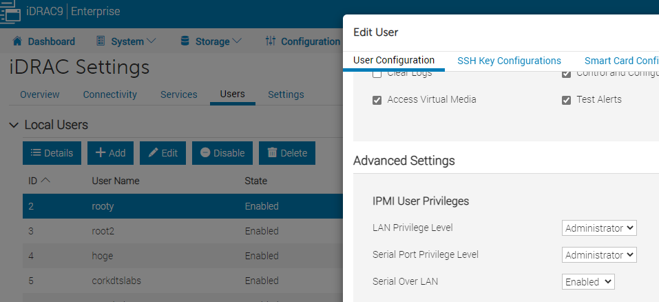 iDRAC Settings > Users > Local Users: