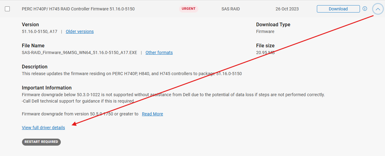 Esempio di Visualizza dettagli driver completi per H745