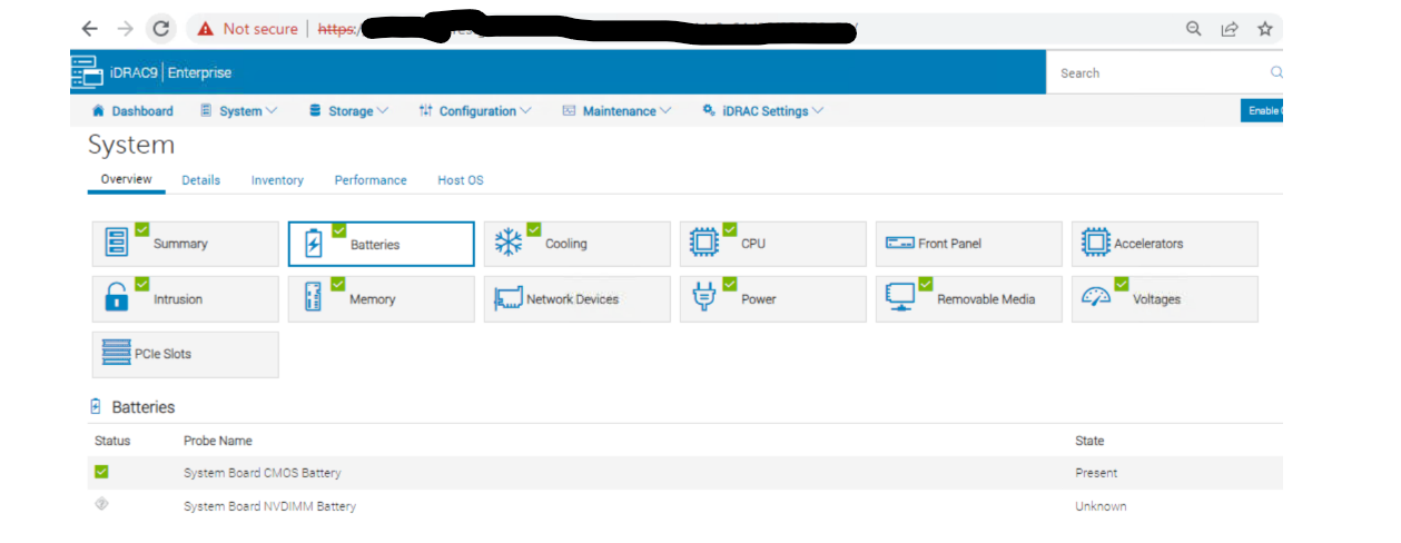 Captura de pantalla del estado de la batería NVDIMM en el sistema