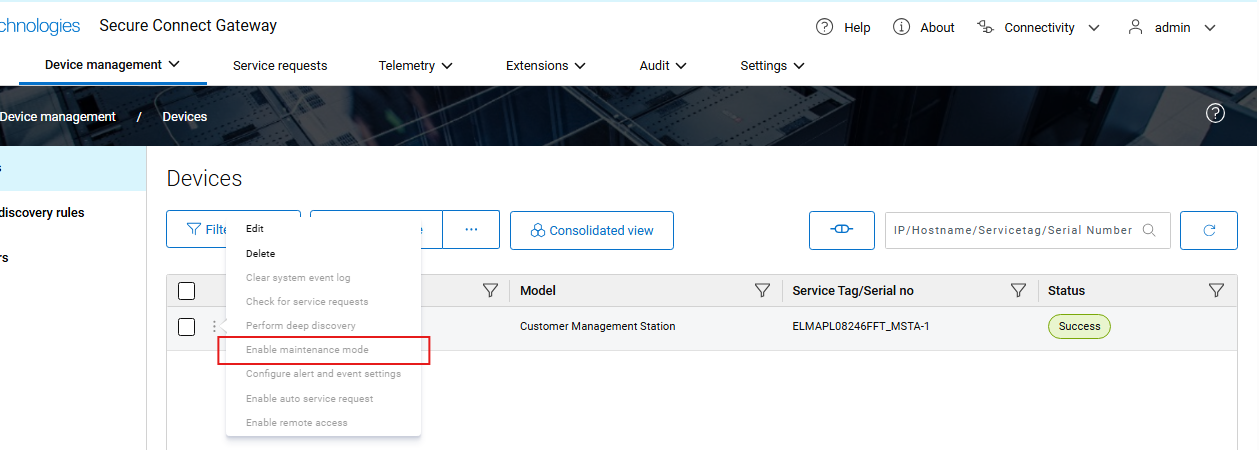 Ativar o modo de manutenção a partir do painel de visão geral de um dispositivo