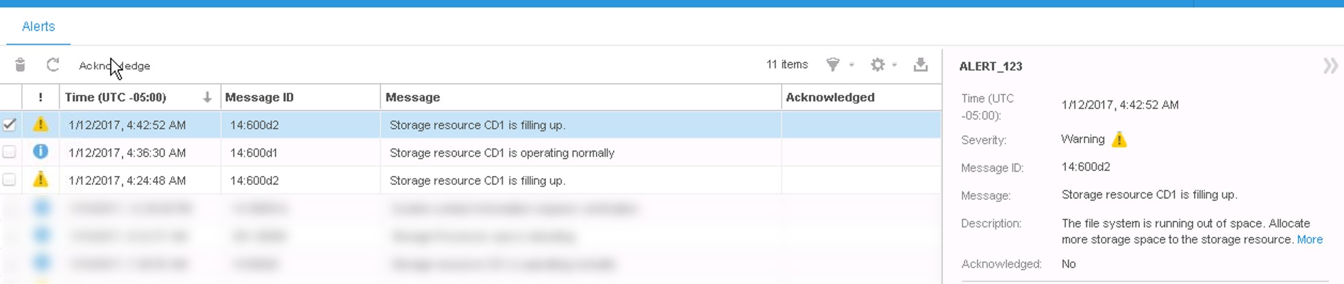 Alert message seen in Alert tab