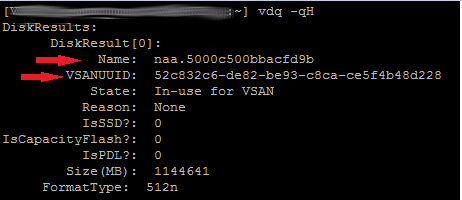 Query disk information with vdq command on Esxi CLI