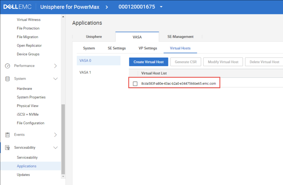 Captura de pantalla de los hosts virtuales de Unisphere