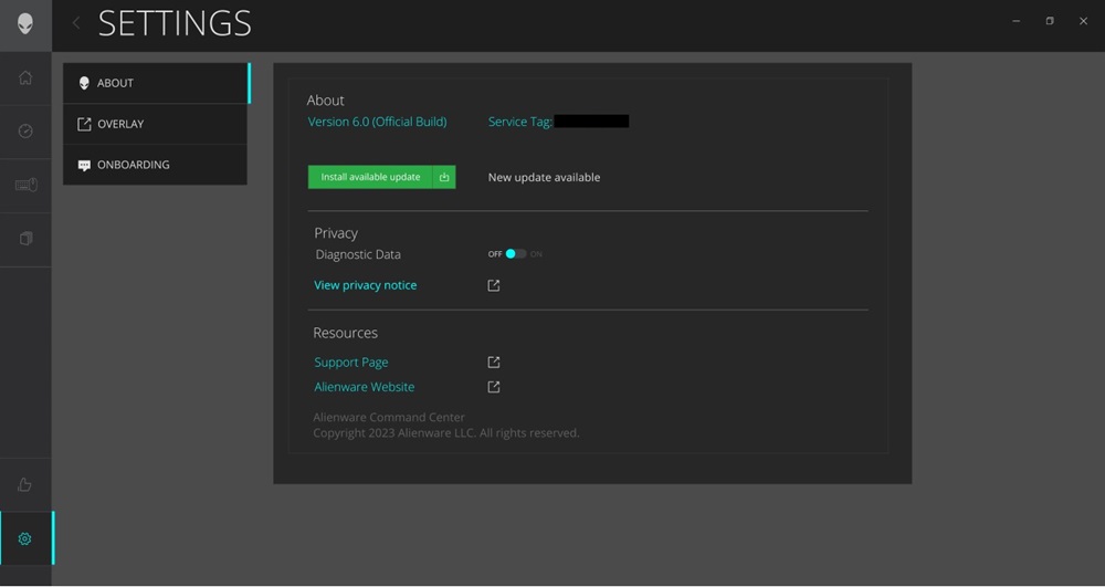 Aggiornamento di Alienware Command Center