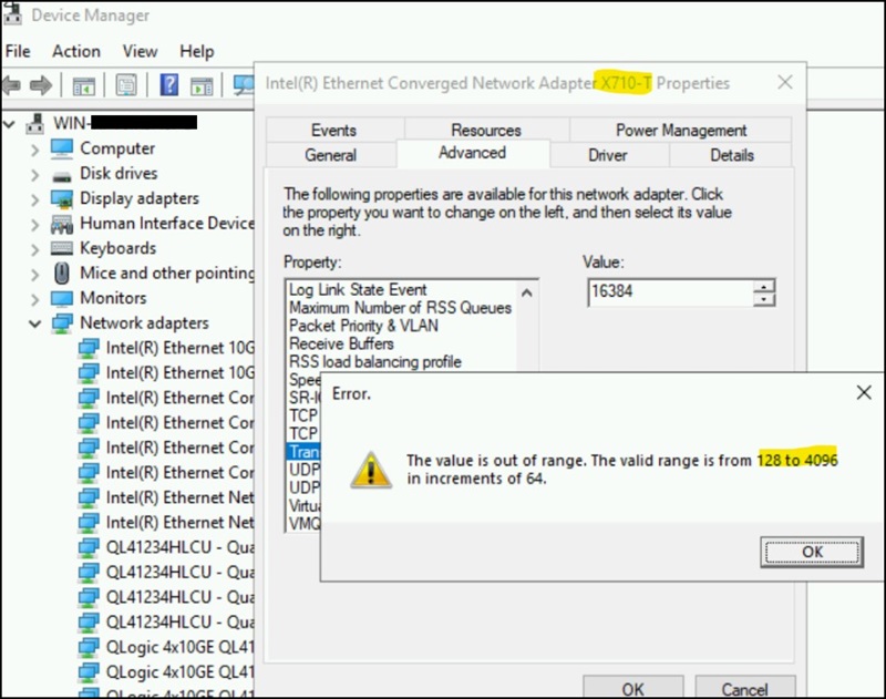Windows Device Manager, Intel Ethernet Adapter X710 Properties Advanced Settings