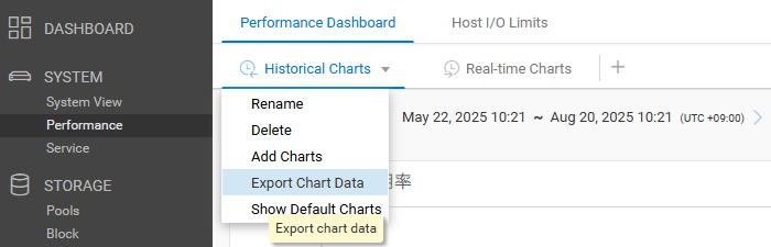 Il s’agit du menu permettant d’exporter des informations à partir de graphiques historiques dans l’interface utilisateur Unisphere.