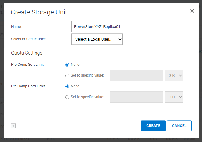 [Create Storage Unit]ウィンドウ