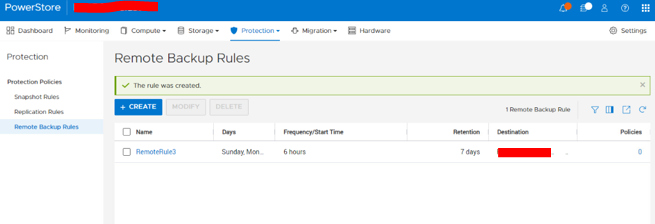 Regola di backup remoto creata, mostrata in questa immagine come esempio