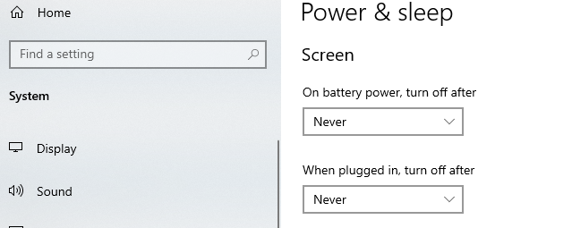 Для экрана питания и спящего режима установлено значение Никогда