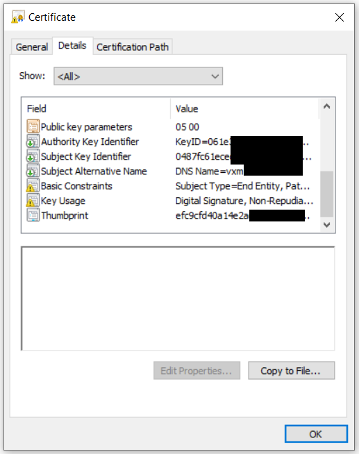 Captura de pantalla del certificado sin uso mejorado de claves