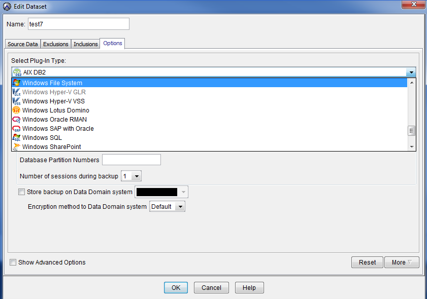 Vyberte typ doplňku v grafickém uživatelském rozhraní Avamar