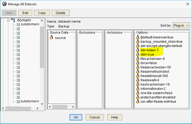 Screenshot showing values "ddr-index=1" and "ddr=true", backup data stored on Data Domain